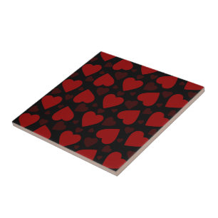 Azulejo De Cerâmica Belo padrão cardíaco vermelho em preto