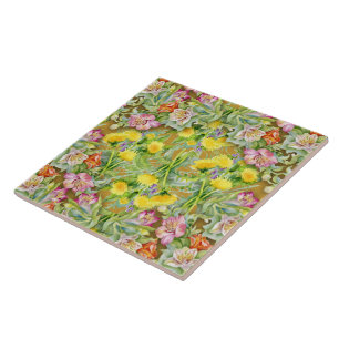 Azulejo De Cerâmica Belo Padrão Floral Colorido Cor-de-Rosa Amarelo