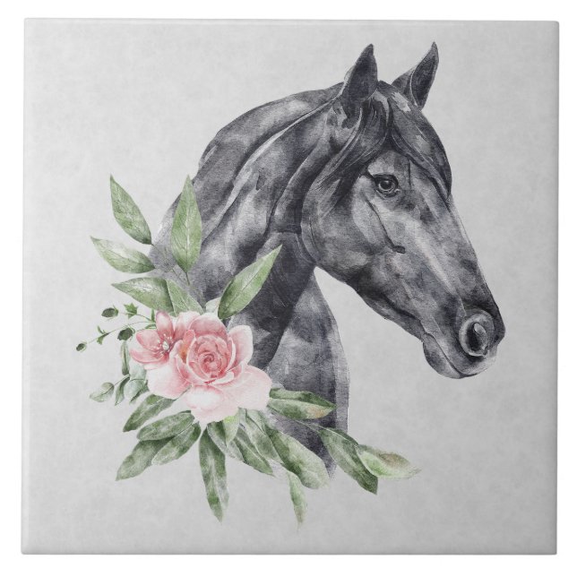 Azulejo De Cerâmica Belo Retrato de Cabeça de Cavalo Negro Aquarela (Frente)