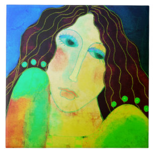 Azulejo De Cerâmica Belo retrato digital abstrato de uma mulher
