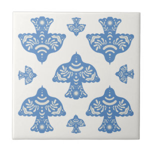 Azulejo De Cerâmica Belos pássaros de arte popular clássica em azul e