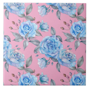 Azulejo De Cerâmica Belos rosas azuis, fundo cor-de-rosa pastel,