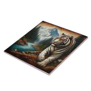 Azulejo De Cerâmica Bengal Tiger caminhando pelo rio Mountain River em