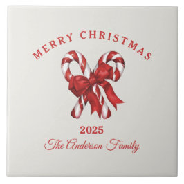 Azulejo De Cerâmica Bengala de Natal personalizada com laço