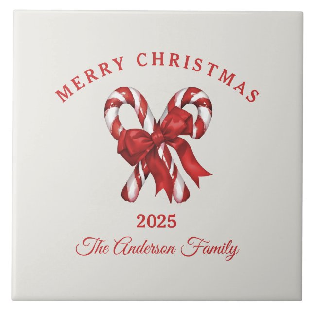 Azulejo De Cerâmica Bengala de Natal personalizada com laço (Frente)
