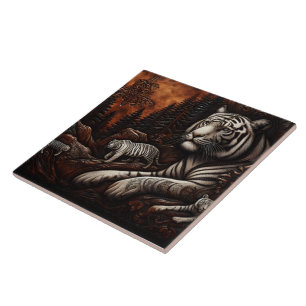 Azulejo De Cerâmica Bengala Tigres em Floresta Densa em Dusk