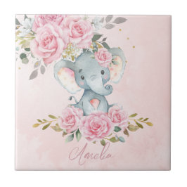 Azulejo De Cerâmica Berçário Quarto de Bebê Elefante Floral Rosa Bebê 