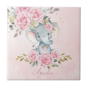 Azulejo De Cerâmica Berçário Quarto de Bebê Elefante Floral Rosa Bebê 