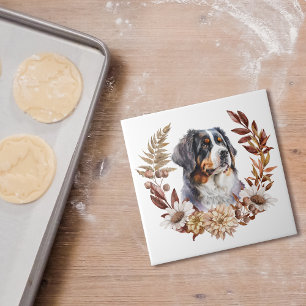 Azulejo De Cerâmica Bernese Mountain Dog Autumn Wreath