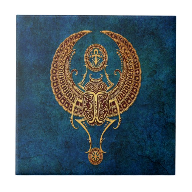 Azulejo De Cerâmica Besouro egípcio voado com Ankh - azul do (Frente)