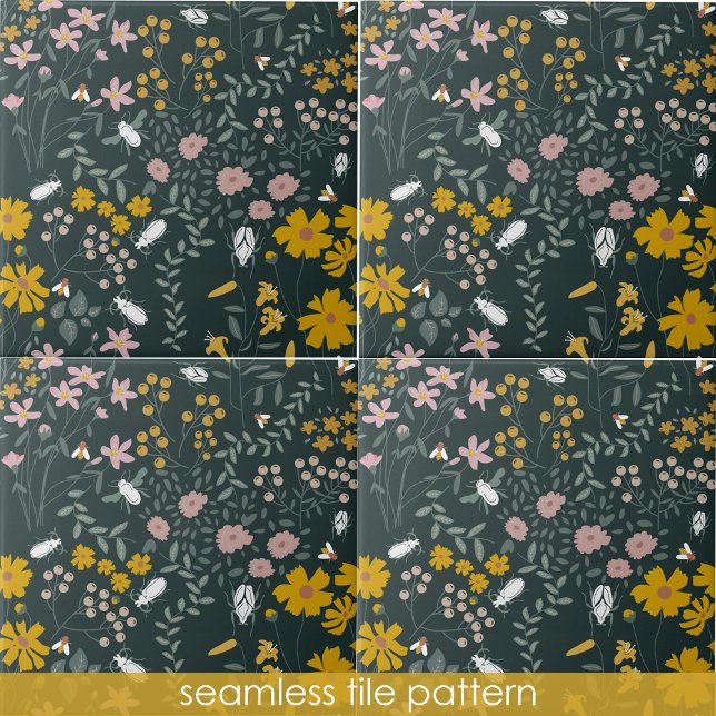 Azulejo De Cerâmica Besouros Florais De Mostarda E Flores Boêmicas (Mustard Floral Beetles & Bees Bohemian Wildflowers Ceramic Tile)