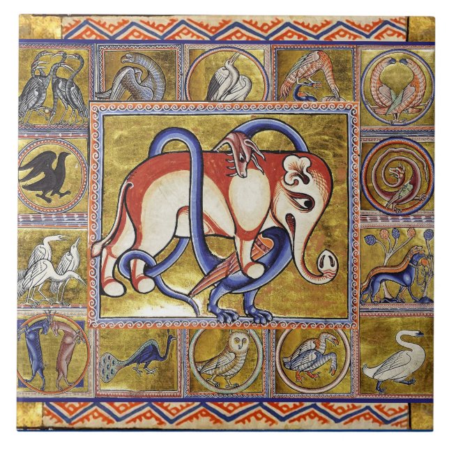 AZULEJO DE CERÂMICA  BESTIÁRIO MEDIEVAL,ELEFANTE COMBATENDO DRAGÃO COBR (Frente)