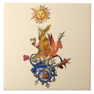 AZULEJO DE CERÂMICA BESTIÁRIO MEDIEVAL ESQUISITO,ALQUIMISTA,DRAGÃO VER