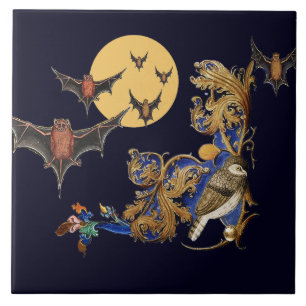 AZULEJO DE CERÂMICA  BESTIÁRIO MEDIEVAL ESQUISITO,AVE,MORCEGOS À NOITE 
