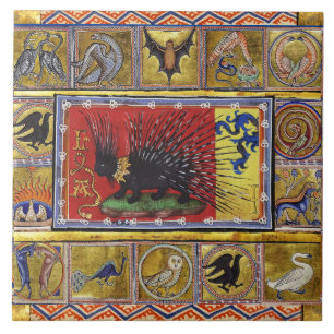 AZULEJO DE CERÂMICA  BESTIÁRIO MEDIEVAL, REI OURIÇO PRETO E ANIMAIS 