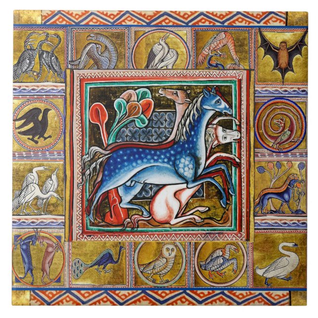 AZULEJO DE CERÂMICA  BESTIÁRIO MÉDIO ESTRANHO,CAVALOS,ANIMAIS FLORESTAI (Frente)