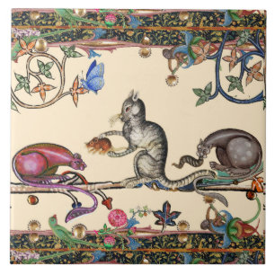 AZULEJO DE CERÂMICA BESTIÁRIO MÉDIO ESTRANHO, GATOS-CAÇADORES E CERA-C