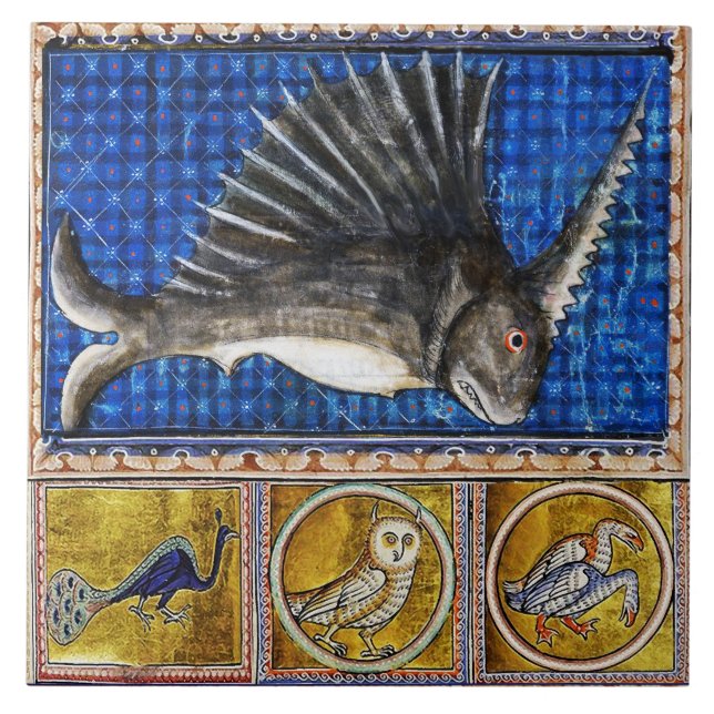 AZULEJO DE CERÂMICA  BESTIÁRIO MÉDIO,PEIXE UNICORNO,ANIMAIS FANTÁSTICOS (Frente)