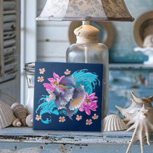 Azulejo De Cerâmica Betta Peixe Lutador Siameses Ondas de Lótus Azul