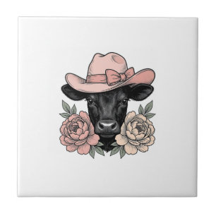 Azulejo De Cerâmica Bezerro de Cowgirl Rosa com Peônias Vetor Vintage_