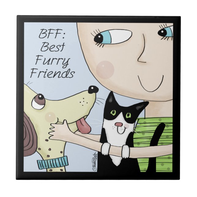 Azulejo De Cerâmica BFF: Melhores Amigos de Furto com Cão e Gato (Frente)