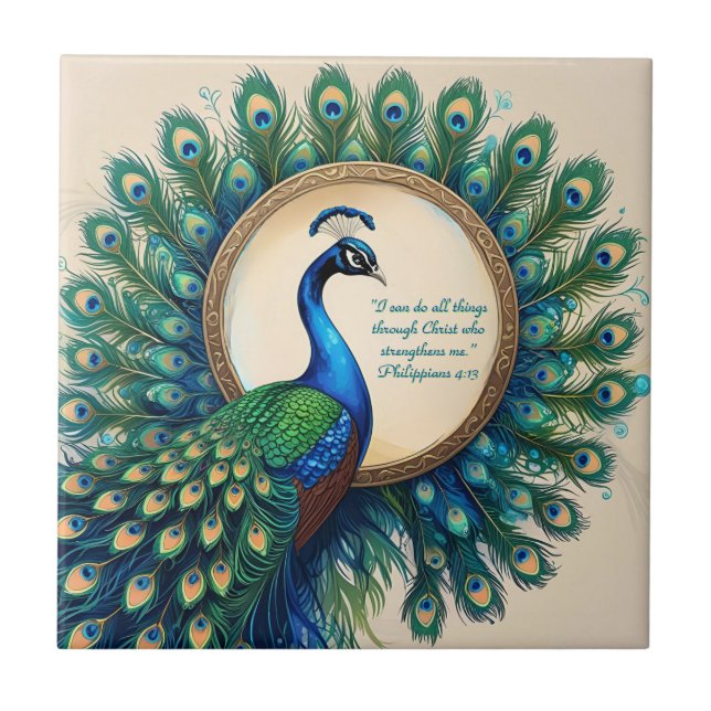 Azulejo De Cerâmica Bíblia Celestial Peacock Bloom Verse (Frente)