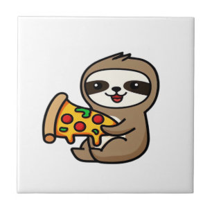 Azulejo De Cerâmica Bicho Preguiça Chibi Kawaii Engraçado com Pizza �