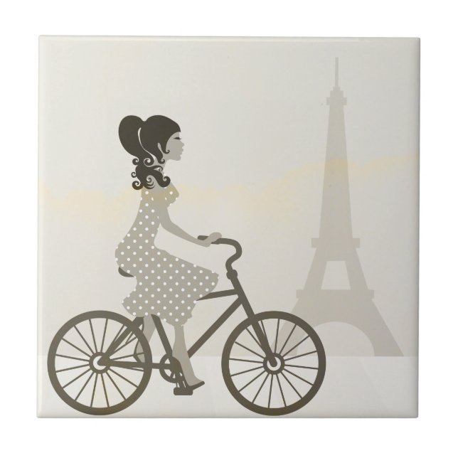 Azulejo De Cerâmica Bicicleta da menina em Paris, torre Eiffel do (Frente)