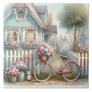 Azulejo De Cerâmica Bicicleta de Flor Rosa no Portão da Casa Azul
