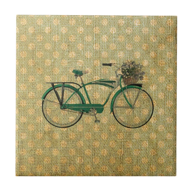 Azulejo De Cerâmica Bicicleta verde retro com cesta da flor (Frente)