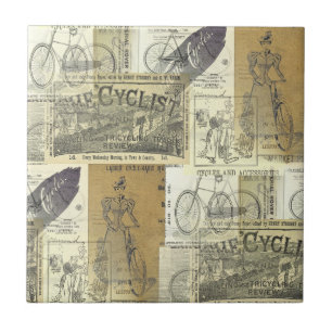 Azulejo De Cerâmica Bicicleta Vintage e Colagem de Anúncio Ciclista
