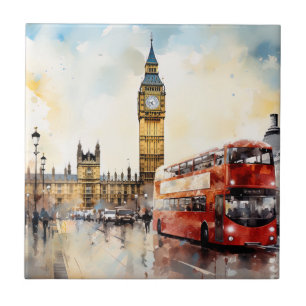 Azulejo De Cerâmica Big Ben e ônibus vermelho em Londres