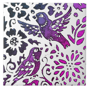 Azulejo De Cerâmica Bird Batik Moderno Púrpura Azul Floral
