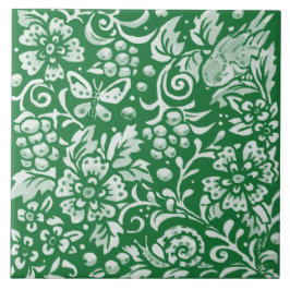 Azulejo De Cerâmica Bird Cute Intricate Floral, Pássaro Verde Emerald