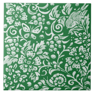 Azulejo De Cerâmica Bird Cute Intricate Floral, Pássaro Verde Emerald