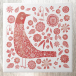 Azulejo De Cerâmica Bird Folk Art<br><div class="desc">O estilo de arte popular escandinava era vermelho e branco,  design de pássaro e flor. Arte original de Nic Squirrell.</div>