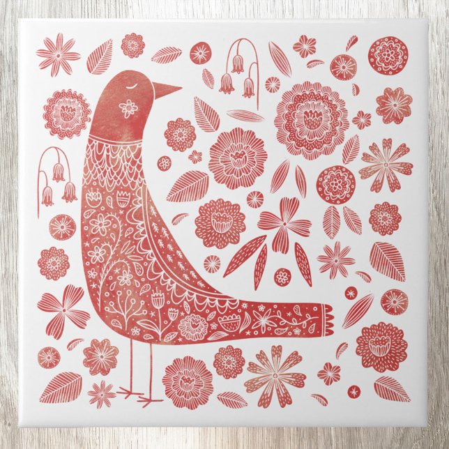 Azulejo De Cerâmica Bird Folk Art (Scandinavian watercolor red and white bird art ceramic tile)