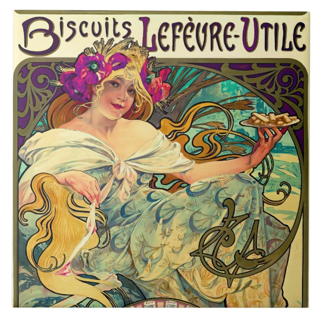 Azulejo De Cerâmica Biscoitos Lefevre-Utile por Alphonse Mucha (1896) (Frente)