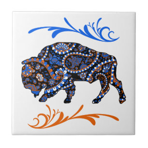 Azulejo De Cerâmica Bison Art Azul Laranja