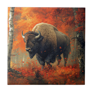 Azulejo De Cerâmica Bison no Trabalho de arte de Autumn Woods