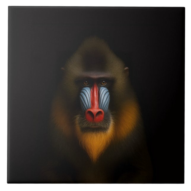 Azulejo De Cerâmica Black 4 Luxe Tile with Exotic Mandrill Monkey (Frente)