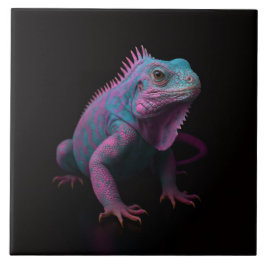 Azulejo De Cerâmica Black 4 Luxe Tile with Pink Tropical Iguana