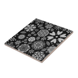 Azulejo De Cerâmica Black And Gray Retro Floral Art Seamless Pattern