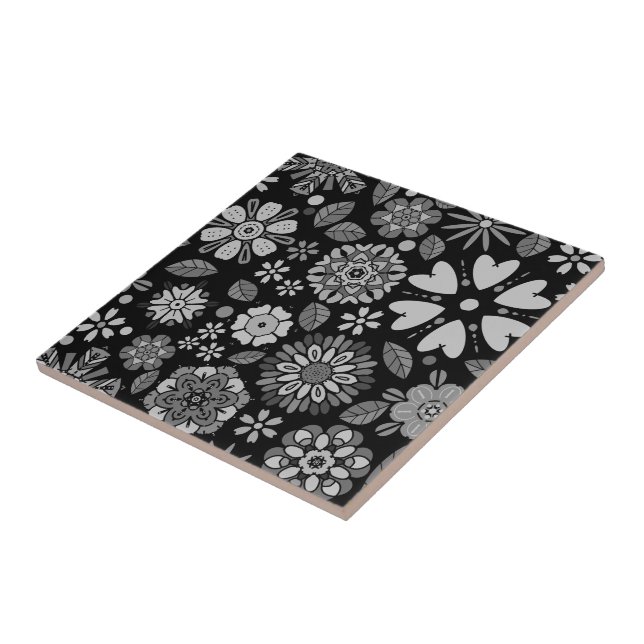 Azulejo De Cerâmica Black And Gray Retro Floral Art Seamless Pattern (Lateral)