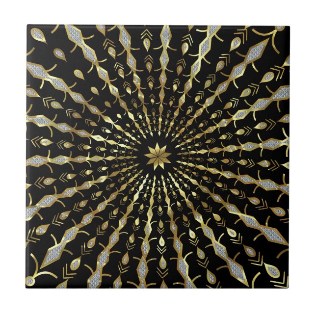 Azulejo De Cerâmica Black Dourado e Diamantes Glitter Star Burst (Frente)