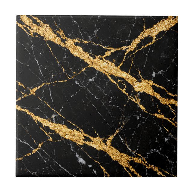 Azulejo De Cerâmica Black Gold Marble Luxe Pattern (Frente)
