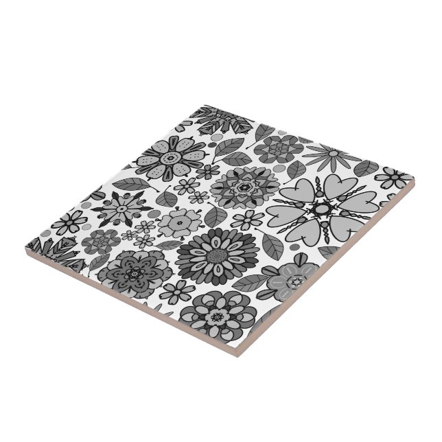 Azulejo De Cerâmica Black Gray White Retro Floral Art Seamless Pattern (Lateral)