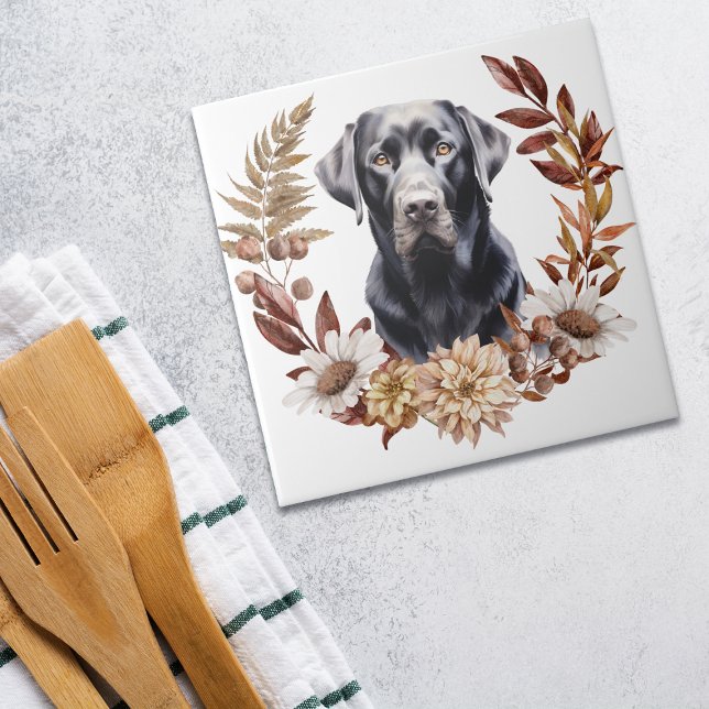 Azulejo De Cerâmica Black Labrador Retriever Dog Autumn Wreath (Criador carregado)