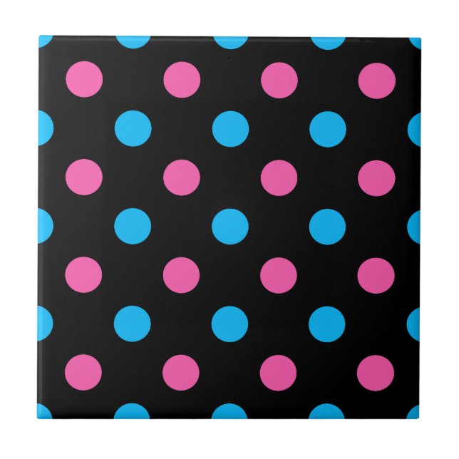 Azulejo De Cerâmica Black Pink Blue Polka Dot Pattern (Frente)