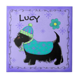 Azulejo De Cerâmica Black Scottie Terrier Dog Name Personalize Purple